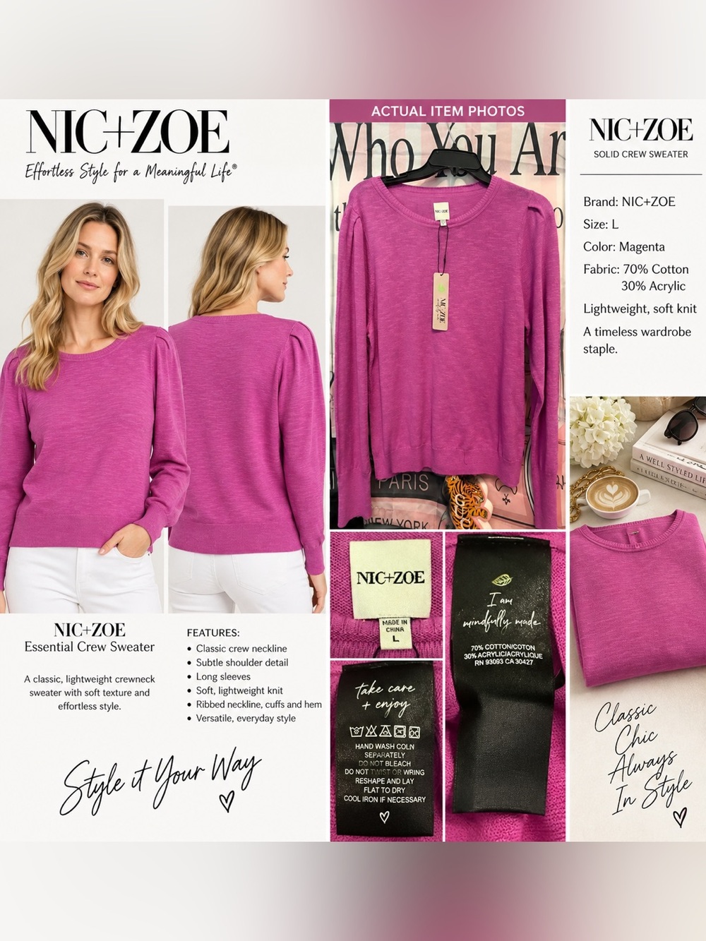 NIC+ZOE magenta  cotton-blend crewneck sweater NWT